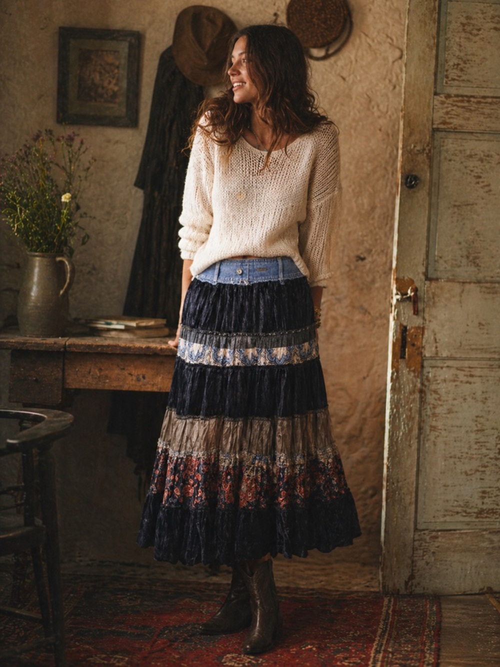 Boho Tiered Velvet Patchwork Maxi Skirt Denim Waist Cottagecore Festival Large - Picture 2 of 7